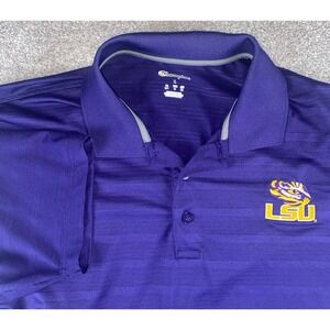 Champion LSU Tigers Mens Large Purple Striped Polo Tiger Logo Performance